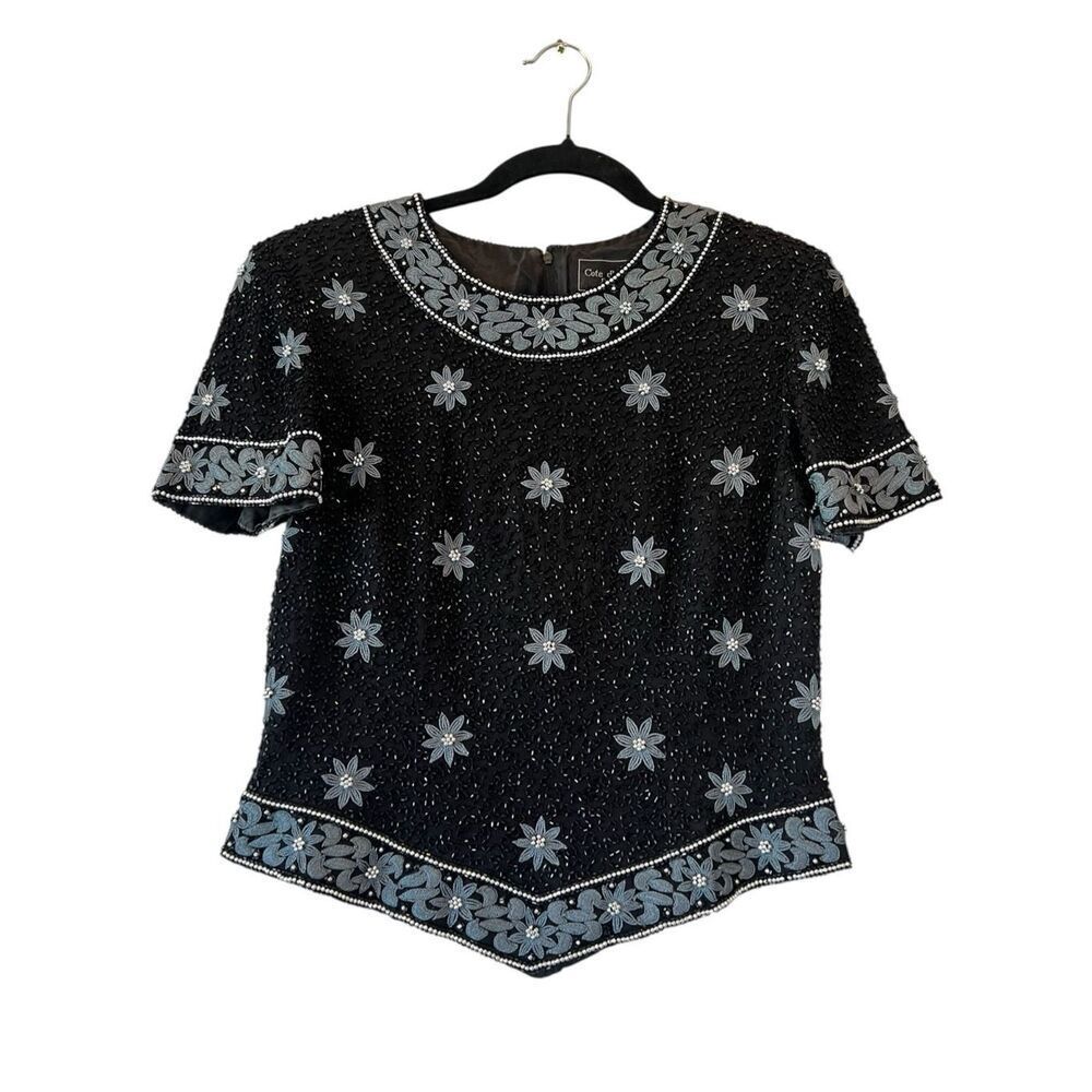 Cote d'Azur Vintage Beaded Embroidered Silk Top Sz S Embellished Evening Formal
